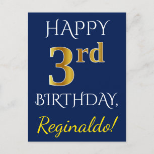 Carte Postale Blue, Faux Gold 3e anniversaire + Nom personnalisé