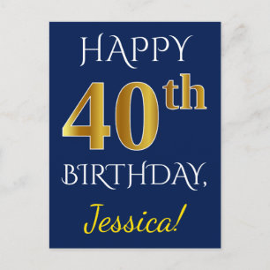 Carte Postale Blue, Faux Gold 40e anniversaire + Nom personnalis