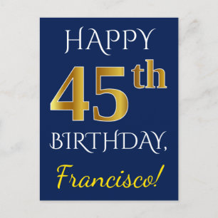 Carte Postale Blue, Faux Gold 45e anniversaire + Nom personnalis