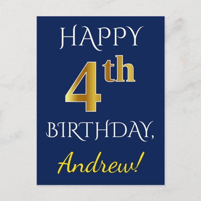 Carte Postale Blue, Faux Gold 4e anniversaire + Nom personnalisé (Devant)