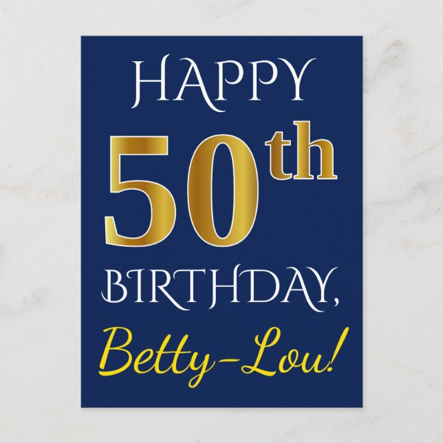 Carte Postale Blue, Faux Gold 50e anniversaire + Nom personnalis (Devant)
