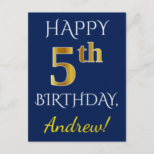 Carte Postale Blue, Faux Gold 5e anniversaire + Nom personnalisé