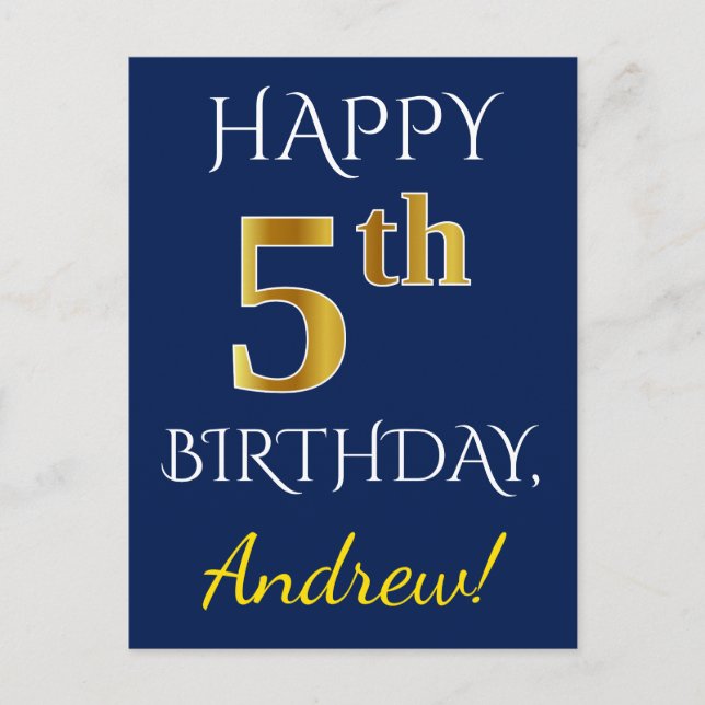 Carte Postale Blue, Faux Gold 5e anniversaire + Nom personnalisé (Devant)