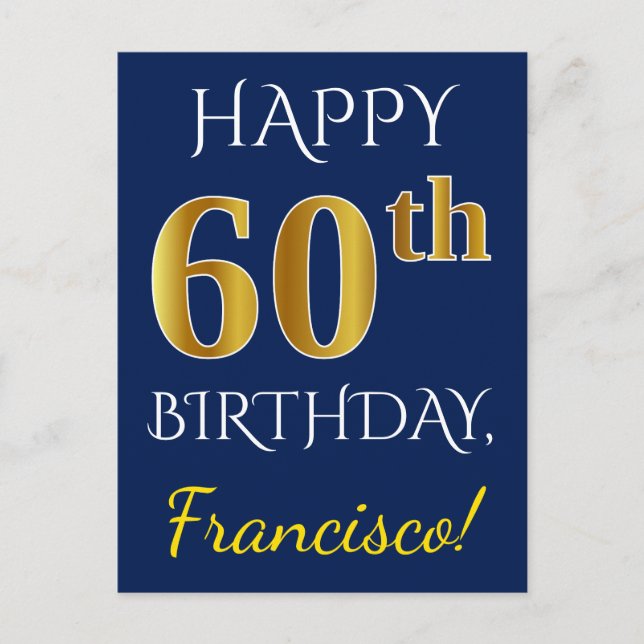 Carte Postale Blue, Faux Gold 60e anniversaire + Nom personnalis (Devant)
