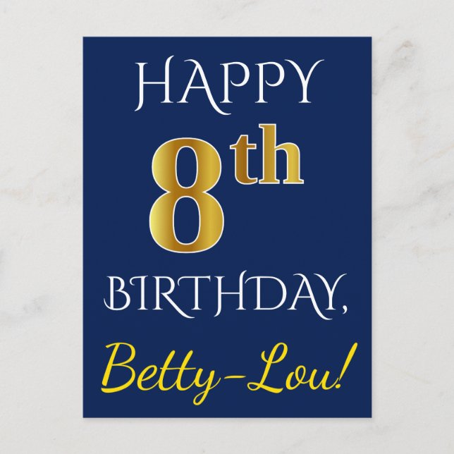 Carte Postale Blue, Faux Gold 8e anniversaire + Nom personnalisé (Devant)
