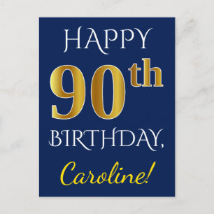 Carte Postale Blue, Faux Gold 90e anniversaire + Nom personnalis