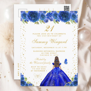 Carte Postale Blue Floral Brunette Princess Anniversaire