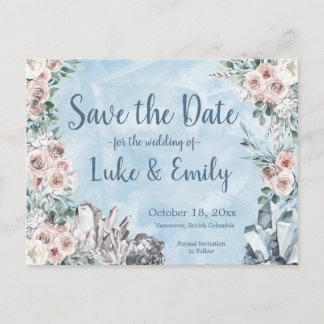 Carte Postale Blue Floral & Crystals Mariage Enregistrer la date