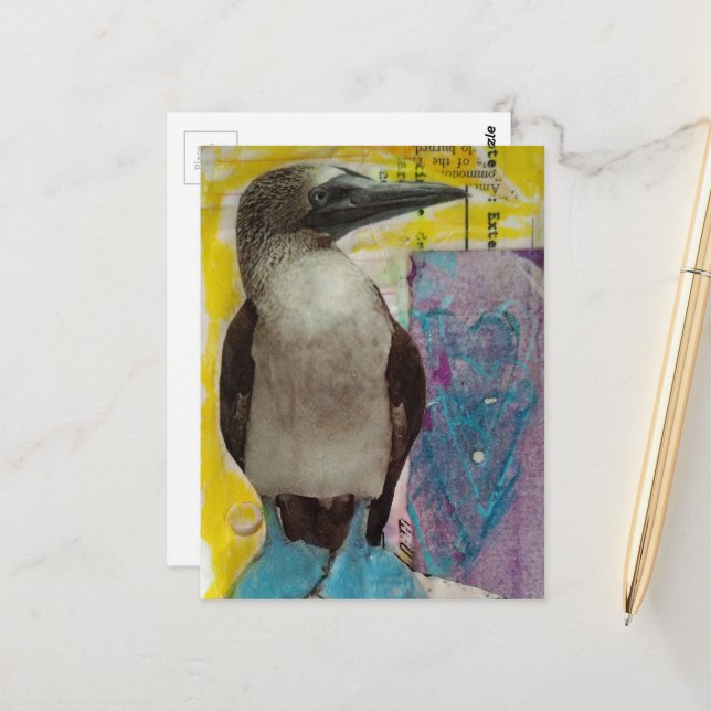 Carte Postale Blue Footed Bird mixed media collage (Devant/Arrière en situation)