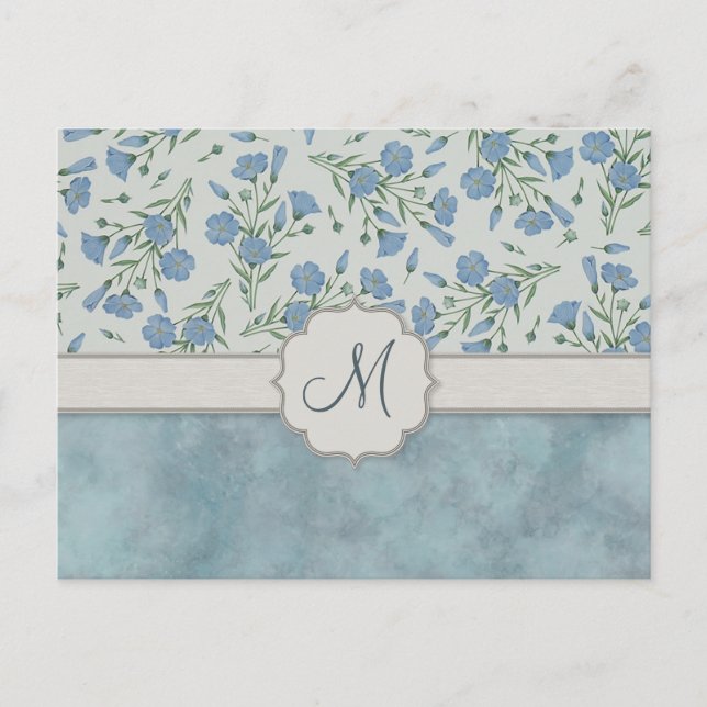 Carte Postale Blue Forget-Me-Not Floral et marbre avec Monogramm (Devant)