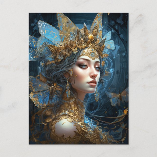 Carte Postale Blue Gold Fairy Queen Imaginaire Art (Devant)