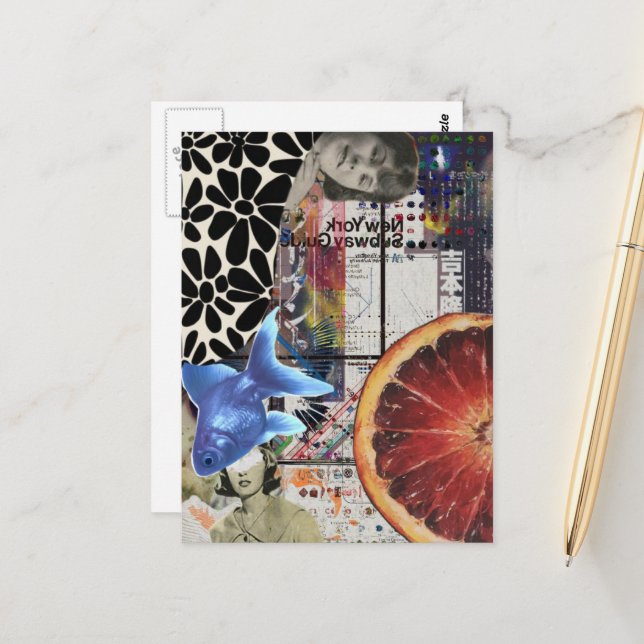 Carte Postale Blue Goldfish Mixed Media Collage (Devant/Arrière en situation)