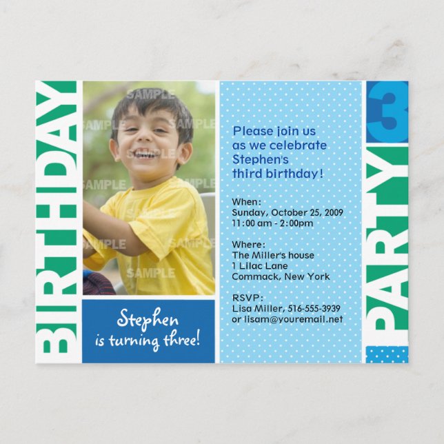 Carte Postale Blue Green Polka Dot 3e Invitation anniversaire (Devant)