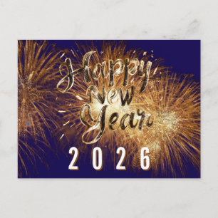 Carte Postale Blue Happy nouvelle année 2026 golden details feux