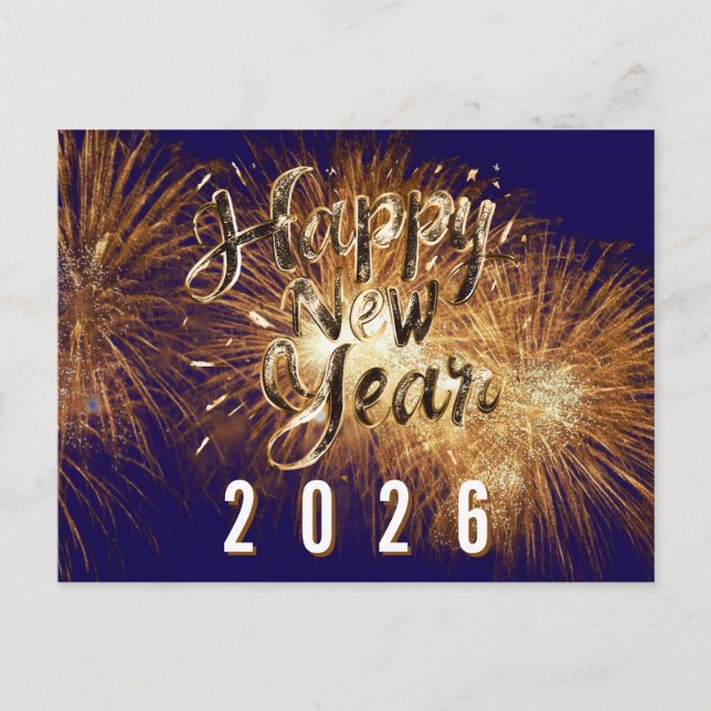 Carte Postale Blue Happy nouvelle année 2026 golden details feux (Devant)