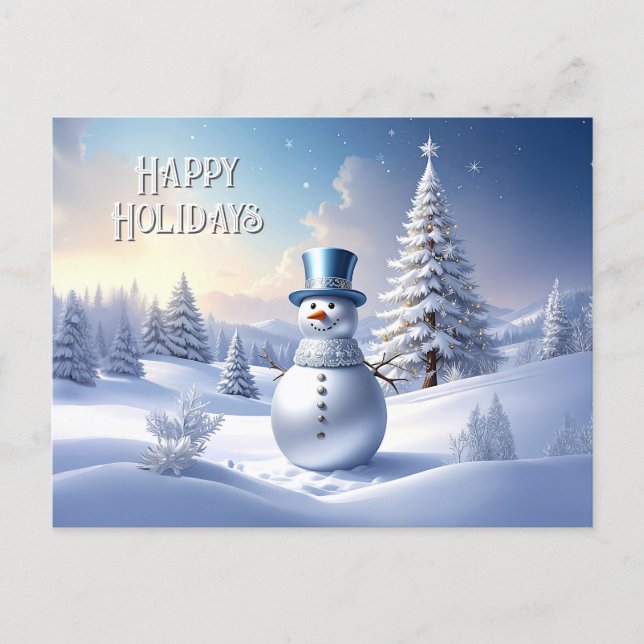 Carte Postale Blue Hat Snowman Christmas Tree Holiday Postcard (Devant)