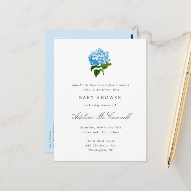 Carte Postale Blue Hydrangea Grandmillennial Baby shower (Devant/Arrière en situation)