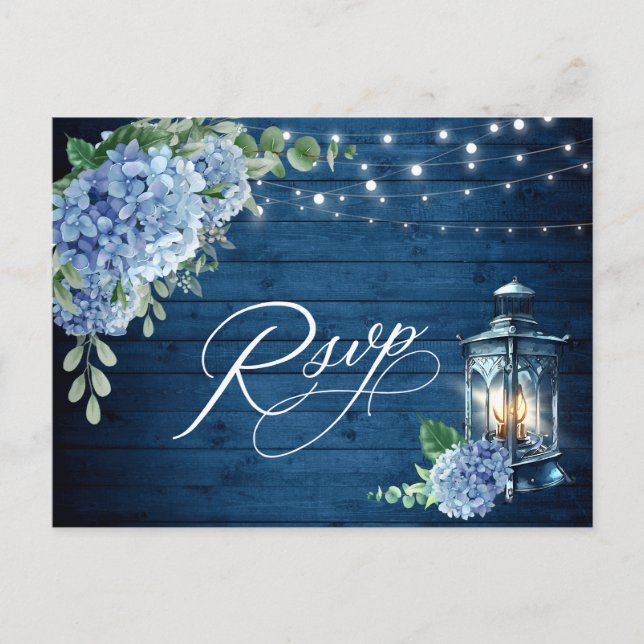 Carte Postale Blue Hydrangea Lantern Bois RSVP Choix de repas (Devant)