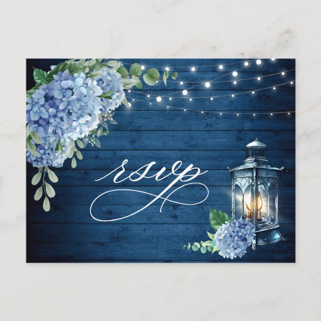 Carte Postale Blue Hydrangea Lantern Bois RSVP Choix de repas (Devant)