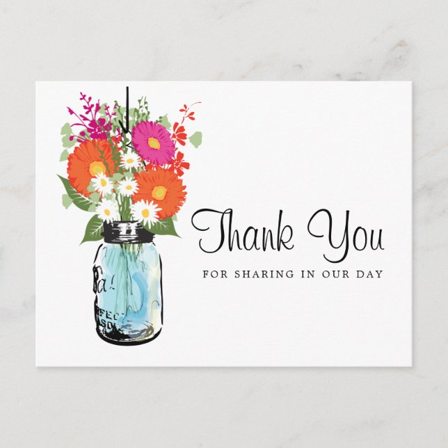 Carte Postale Blue Mason Jar et Gerber Daisies Merci (Devant)