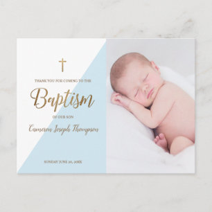 Carte Postale Blue Modern Baby Boy Photo Baptême Merci