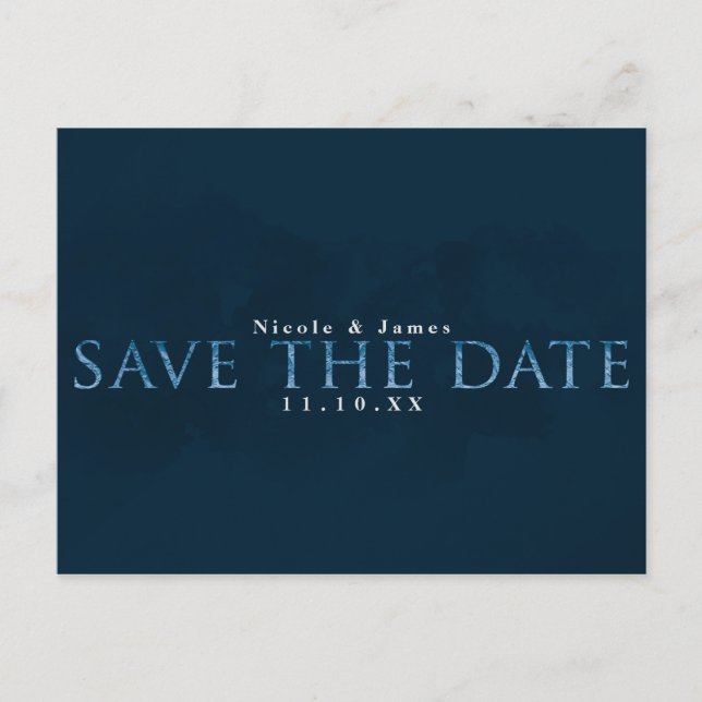 Carte Postale Blue Modern Chic ENREGISTRER LA DATE Mariage Fianç (Devant)