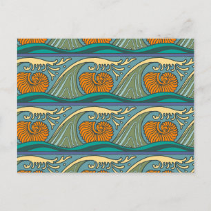 Carte Postale Blue Ocean Waves Nautilus Seashell Motif Nouveau