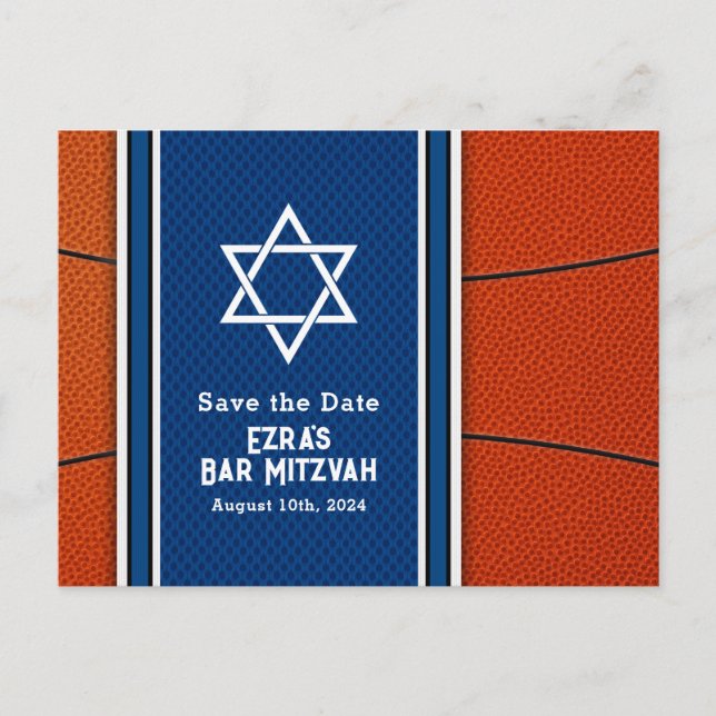 Carte Postale Blue Orange Basketball Bar Mitzvah Enregistrer la  (Devant)