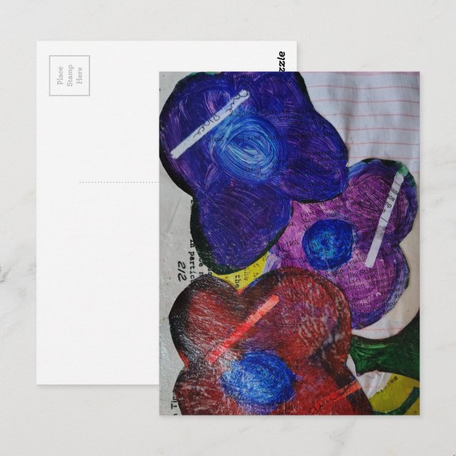 Carte Postale Blue Red and Purple Flowers Mixed Media Collage (Devant / Derrière)