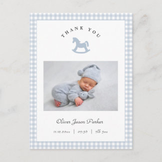 Carte Postale Blue Rocking horse Gingham Boy Birth Announcement