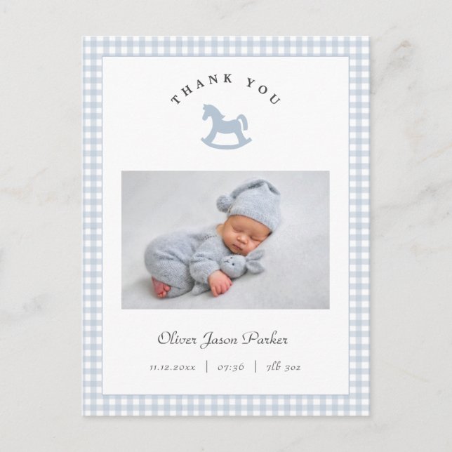 Carte Postale Blue Rocking horse Gingham Boy Birth Announcement (Devant)