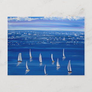 Carte Postale Blue Sailing Bateaux Folk Art Post Card