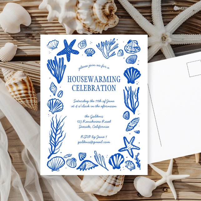 Carte Postale Blue Seashells Custom HOUSEWARMINING PARTY Inviter (Blue Seashells Custom HOUSEWARMING PARTY New Home New Apartment Postcard Beach Blue White Chic
)
