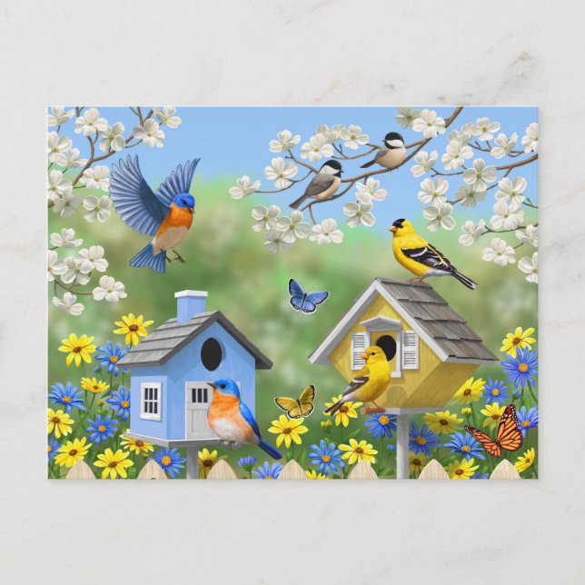 Carte Postale Bluebirds Goldfinches Birdhouses Jardin aux fleurs (Devant)