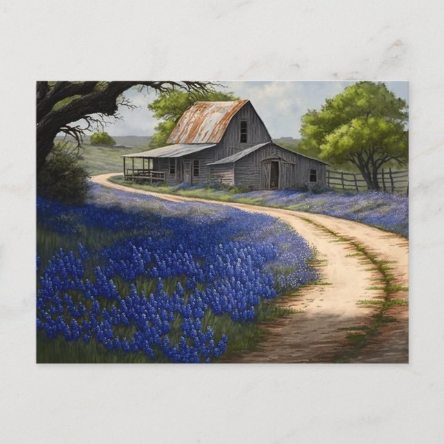Carte Postale Bluebonnets et la vieille grange au Texas (Devant)