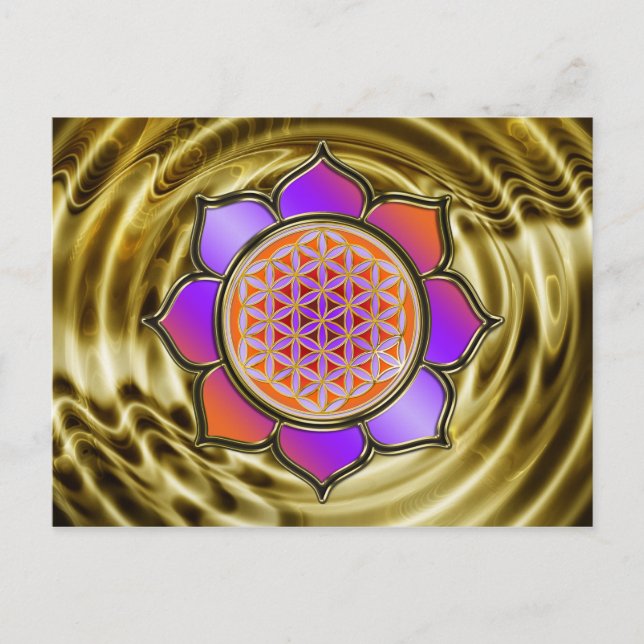 Carte Postale Blume des Lebens Lotus - violet orange / or (Devant)