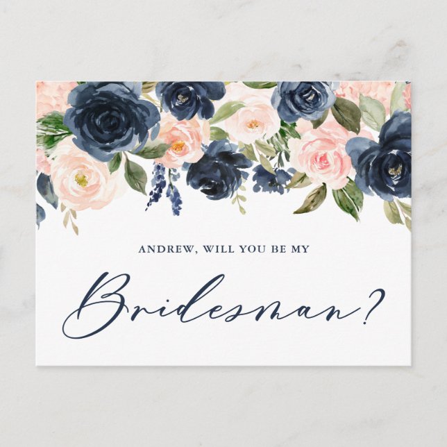 Carte Postale Blush and Navy Floral Will you be My Bridesman (Devant)