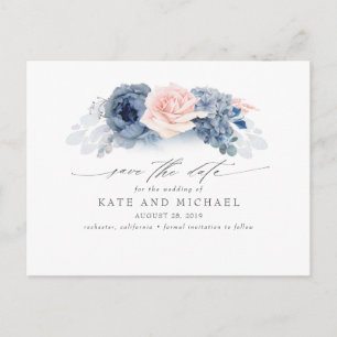 Carte Postale Blush et Navy Blue Floral Boho Enregistrer la date
