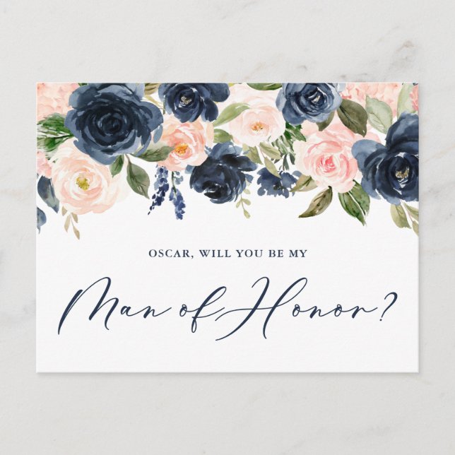Carte Postale Blush et Navy Floral Serez-vous mon homme d'honneu (Devant)