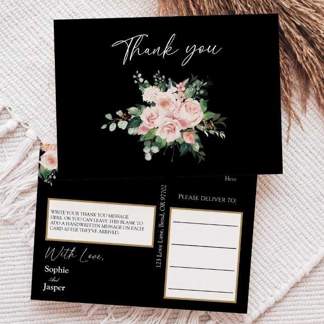 Carte postale Blush Floral Black Mariage Merci (Créateur téléchargé)