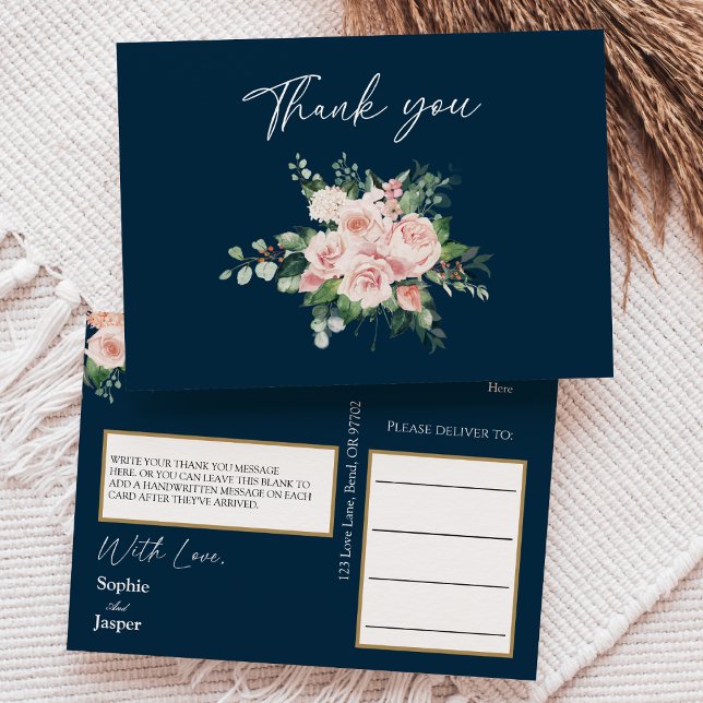 Carte postale Blush Floral Navy Mariage Merci (Créateur téléchargé)