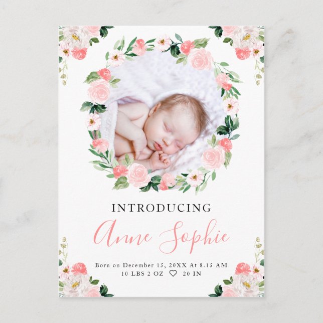 Carte Postale Blush Floral Photo Faire-part de naissance & Merci (Devant)