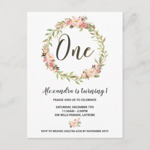 Carte Postale Blush Floral Wreath ONE 1er Anniversaire Invitatio