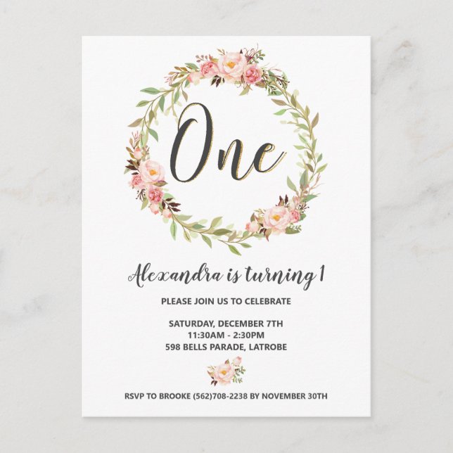 Carte Postale Blush Floral Wreath ONE 1er Anniversaire Invitatio (Devant)