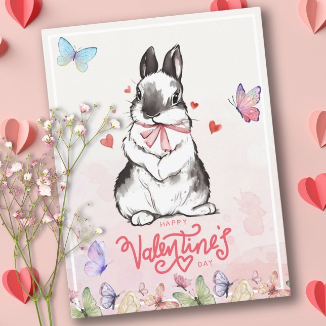 Carte Postale Blush Pink Bunny & Papillons Saint-Valentin (Blush Pink Bunny & Butterflies Valentine's Day Postcard)