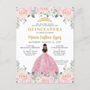 Carte Postale Blush Pink Gold Floral Princess Quinceañera
