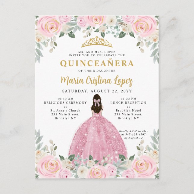 Carte Postale Blush Pink Gold Floral Princess Quinceañera (Devant)