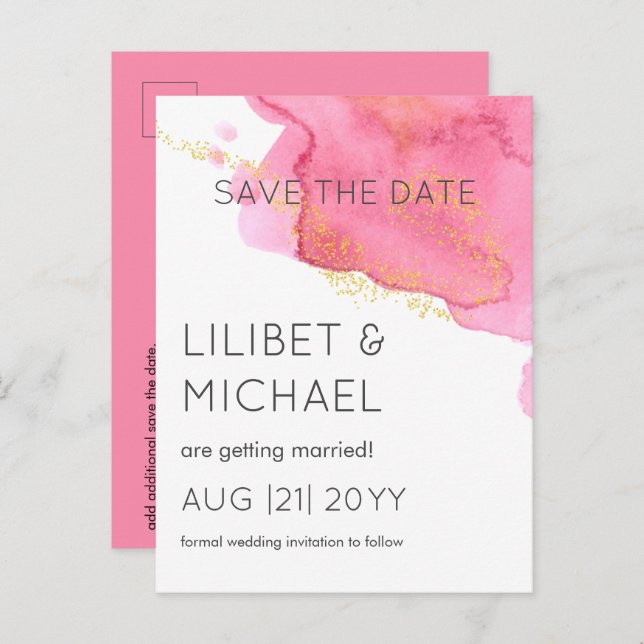 Carte Postale Blush Pink Gold Modern Mariage Dates de sauvegarde (Devant / Derrière)