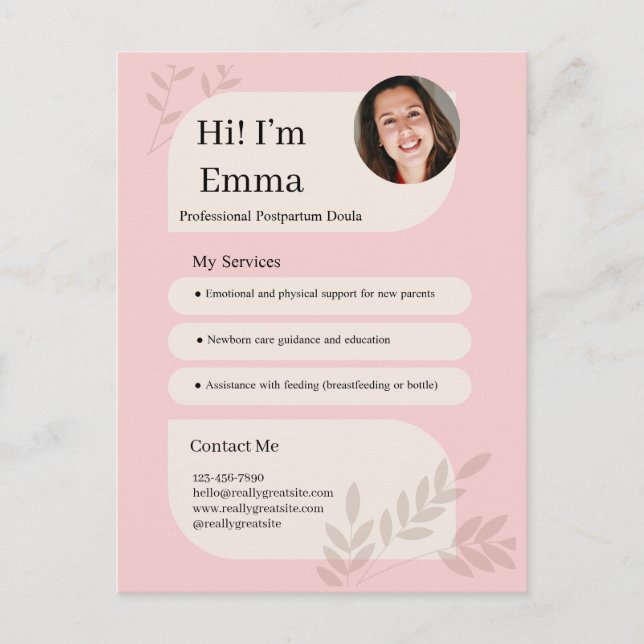 Carte Postale Blush Pink Postpartum Doula Professional Design (Devant)