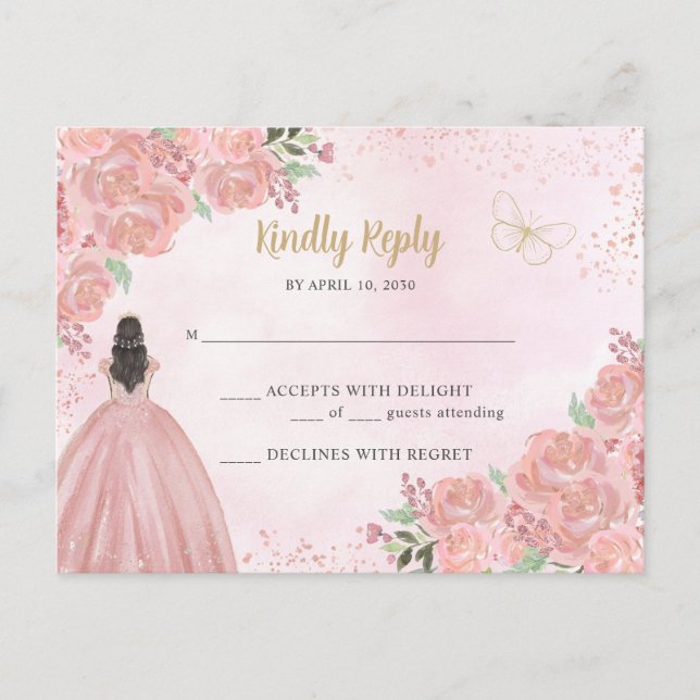 Carte Postale Blush Rose or Floral Princesse Quinceañera RSVP (Devant)